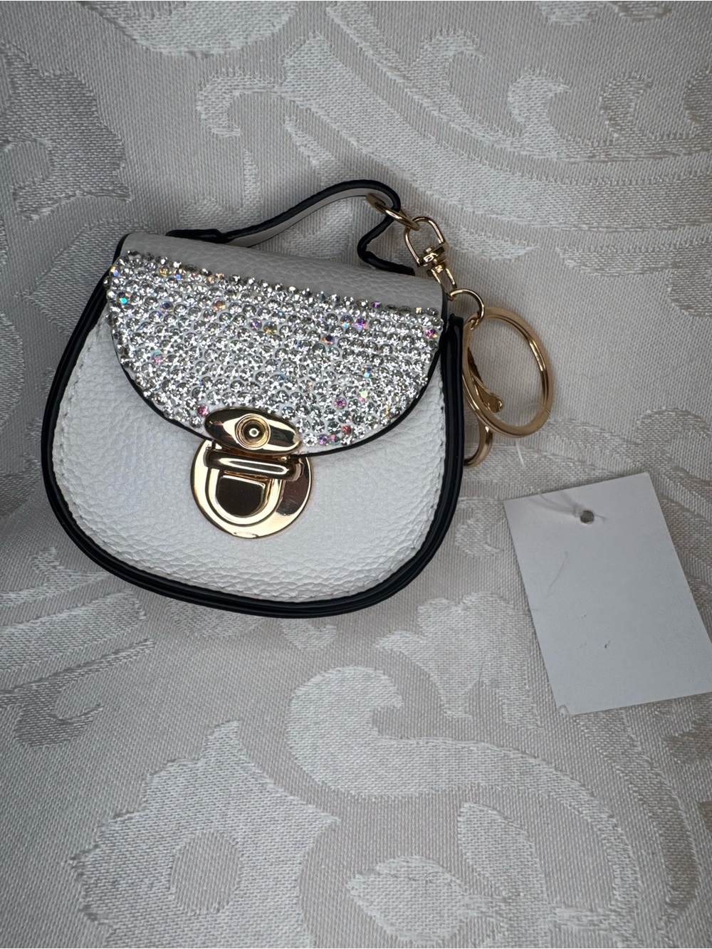 New White Mini Saddle Keychain Bag with Crystal Flap